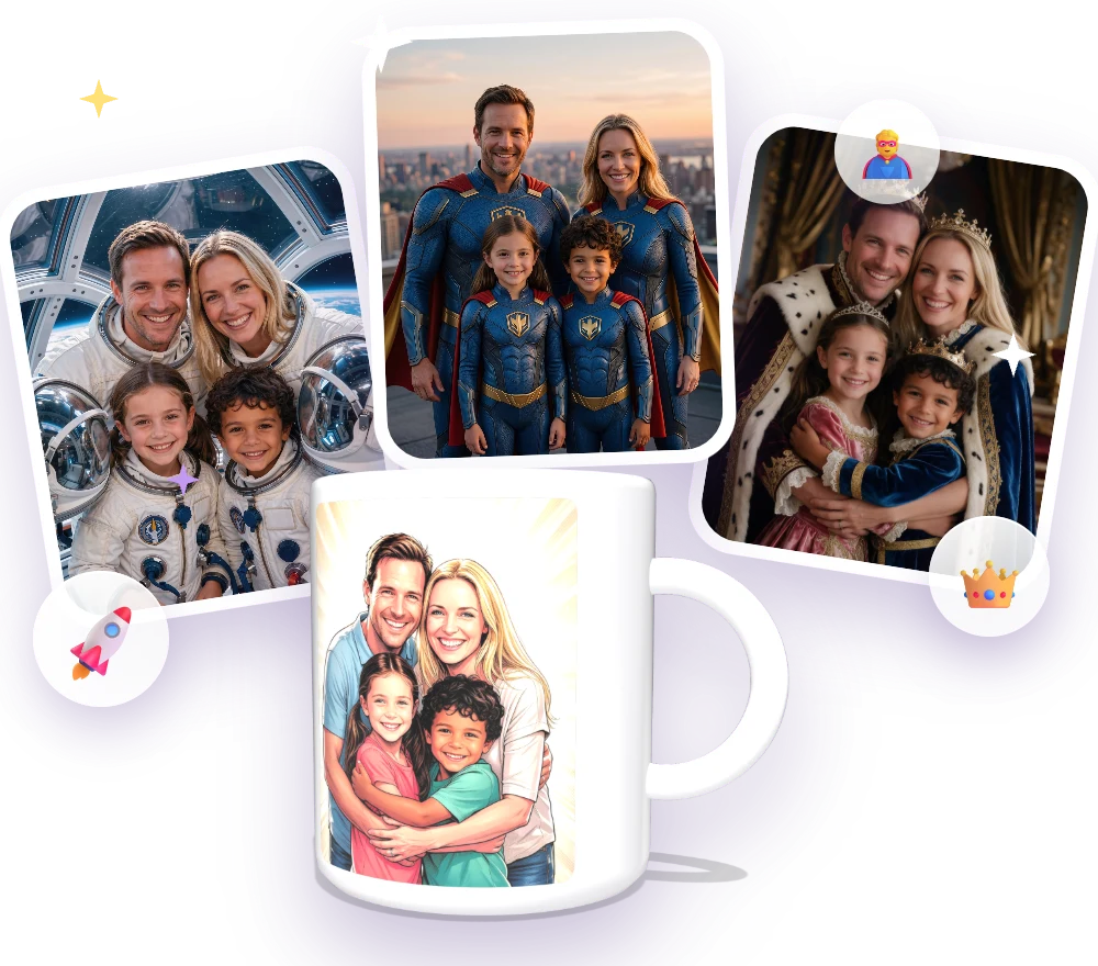 Eine Familie als Astronauten, Superhelden und Königsfamilie sowie auf einer personalisierten Tasse