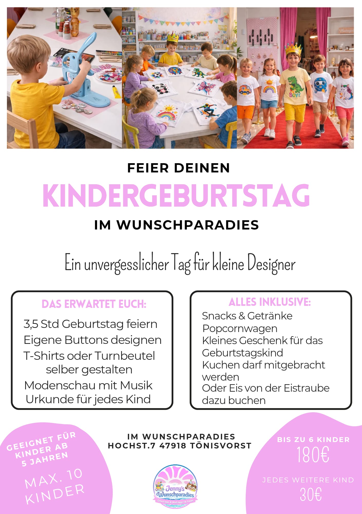 Kinder gestalten Buttons und T-Shirts und präsentieren ihre Kreationen auf dem roten Teppich